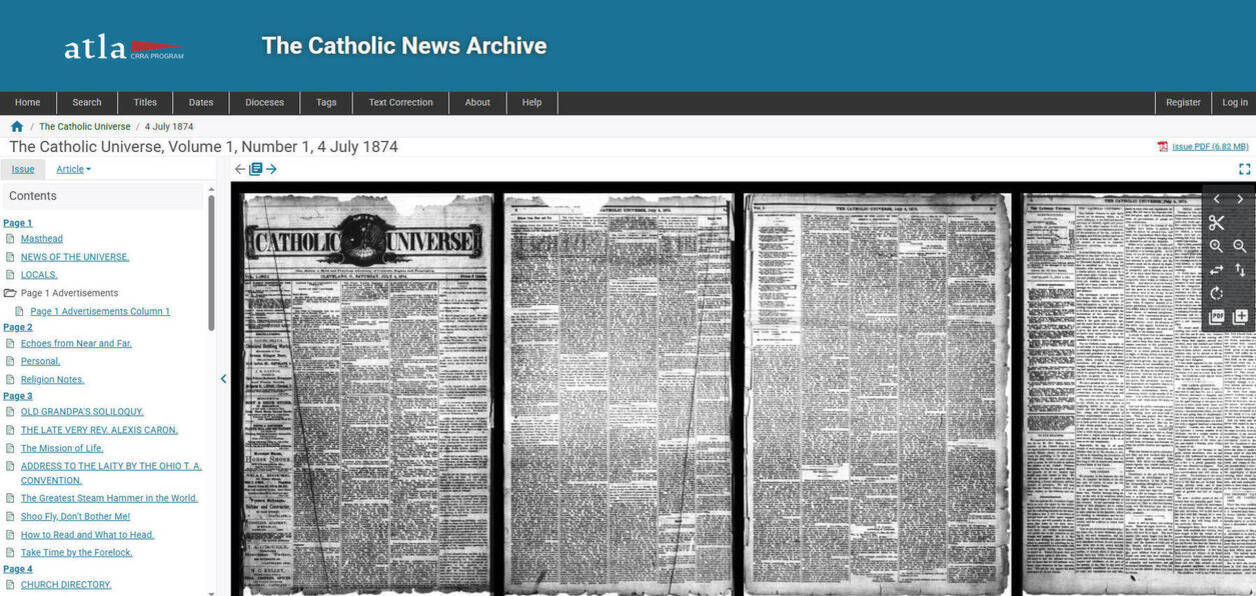 Example of newspaper on the Catholic News Archive. Click on image to be directed to the digitized newspapers.